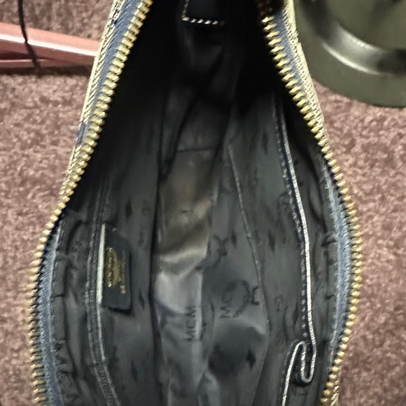 MCM Navy and Gray Monogram Shoulder Bag Leather & Denim w Dust Bag - Picture 6 of 8